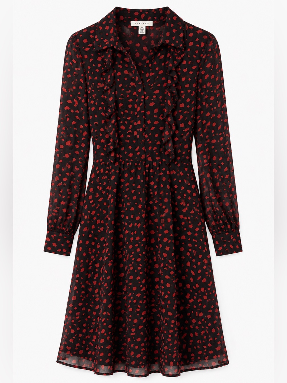 Topshop Black Long-Sleeve button dow Dress with Red Spot Print and Ruffle Detail